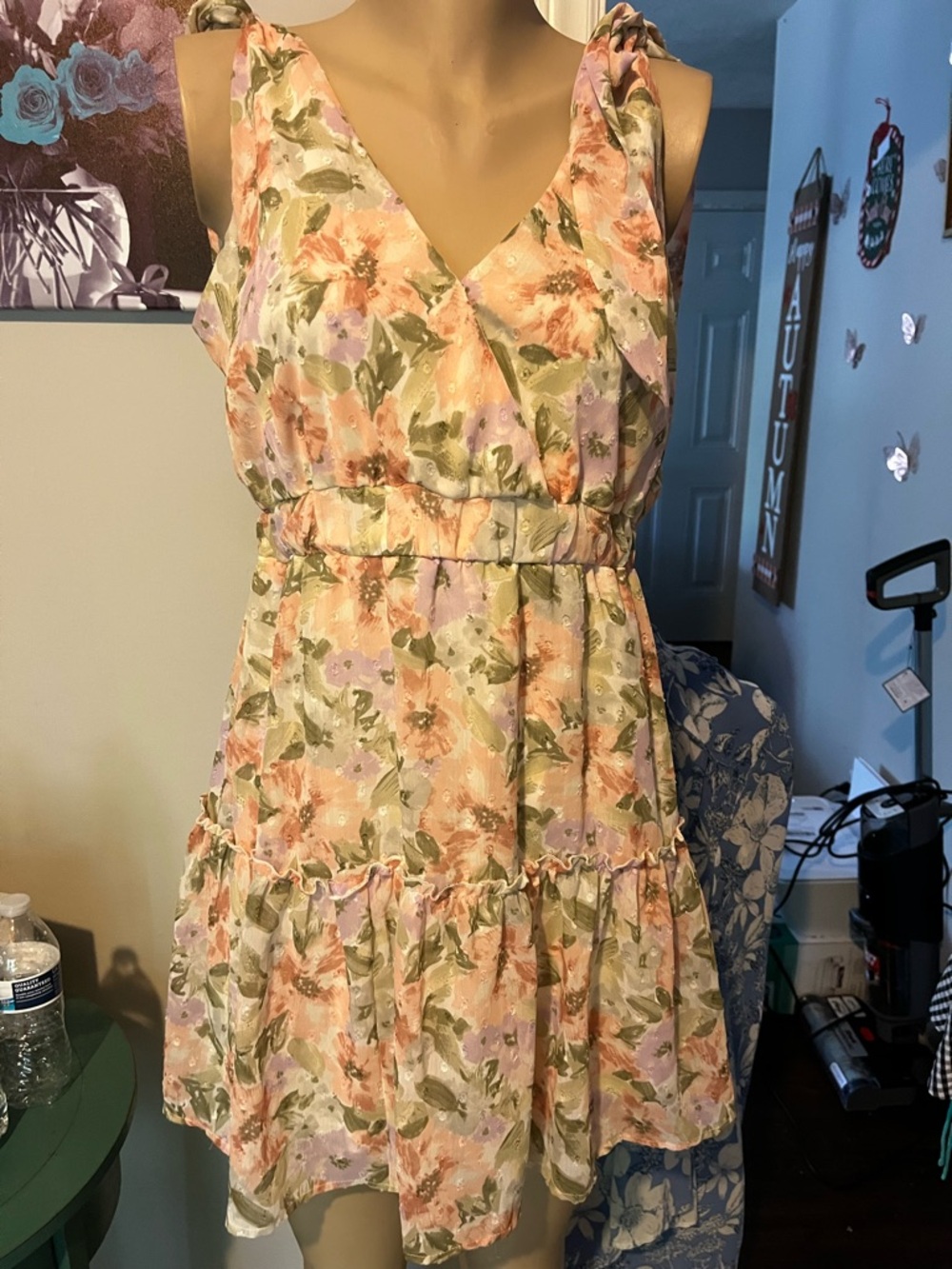 Floral Sleeveless V-Neck Tiered Summer Dress - Pink/Green